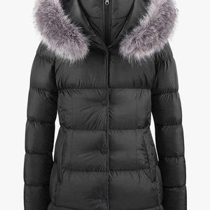 Creatmo women winter snow jacket long puffer removable faux fur trim